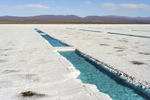 Salt water pool on the Salinas Grandes salt flats in Jujuy province, northern Argentina.