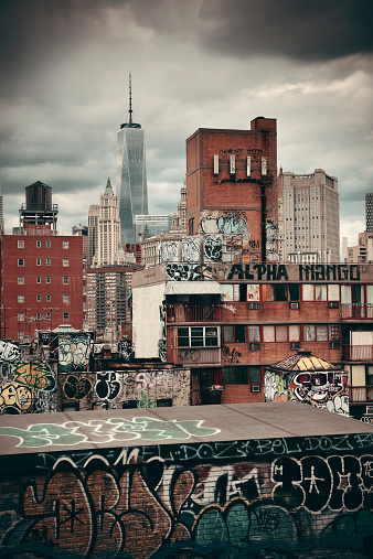 Graffiti and urban buildings in downtown Manhattan.
