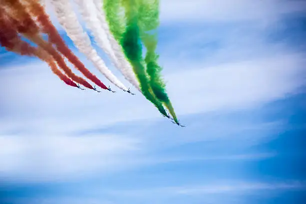 The italian acrobatic jet squad named "frecce tricolori" doing tricks in the sky