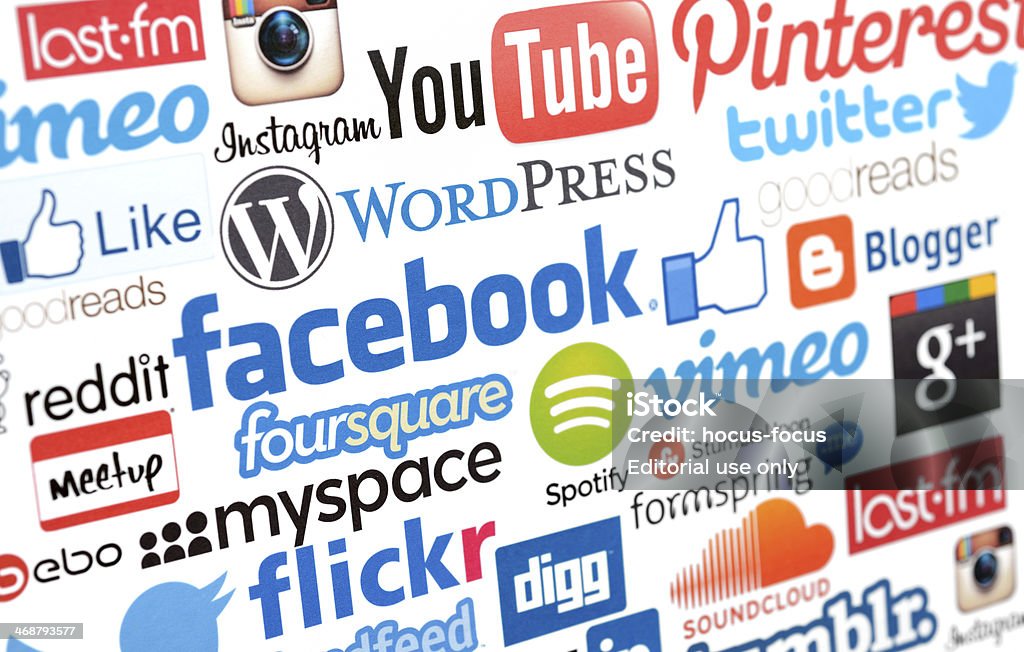 Social media services logos İstanbul, Turkey - February 8, 2014: Social media services logos on white paper, including YouTube, Facebook, Twitter, Pinterest, Instagram, Spotify, Vimeo,  Foursquare, MySpace, Reddit, Digg, Google Plus, Last fm, Goodreads, SoundCloud. Logo Stock Photo