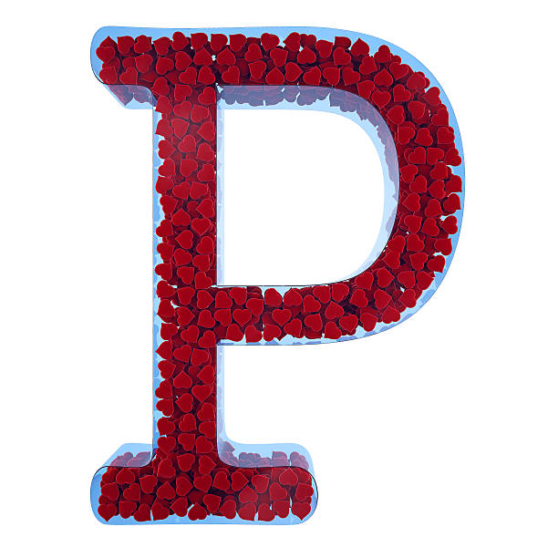 alphabet aus blauem glas mit roten herzen - letter p alphabet three dimensional shape red stock-fotos und bilder