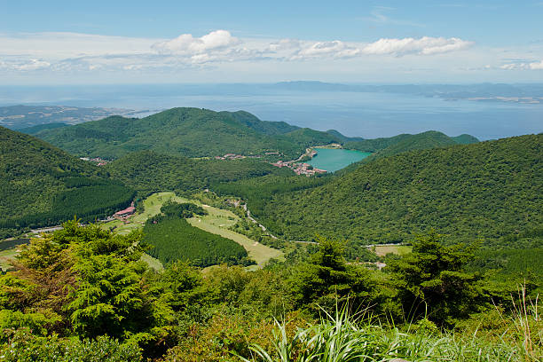 View over Unzen Hot Spring and Ariake Sea - Japan stock photo