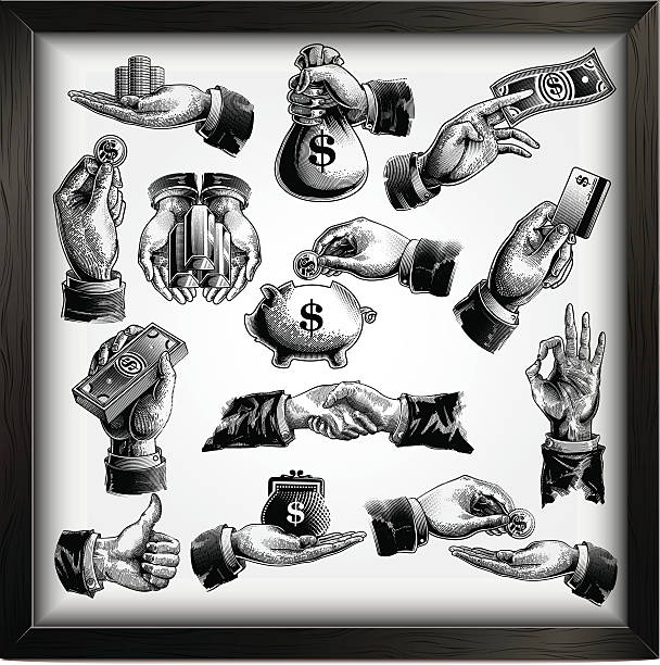 business icon set - currency paper currency wealth human hand stock-grafiken, -clipart, -cartoons und -symbole
