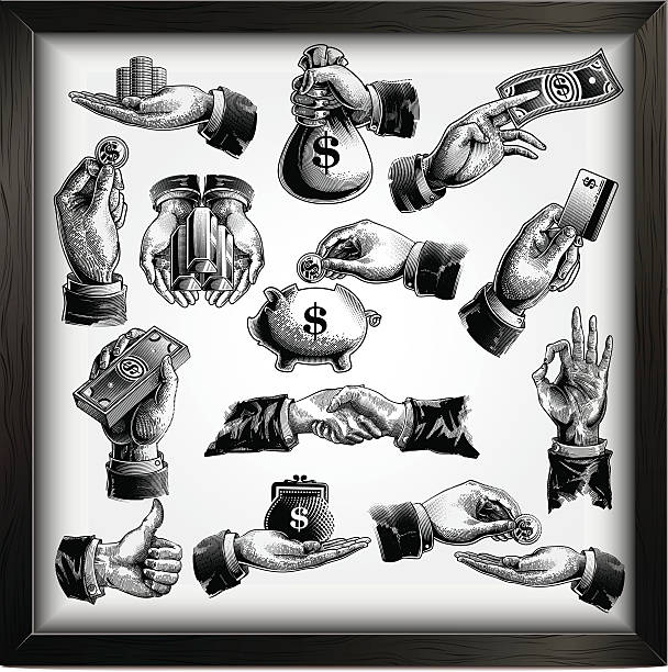 ilustraciones, imágenes clip art, dibujos animados e iconos de stock de conjunto de iconos de negocios - money bag currency financial item bag