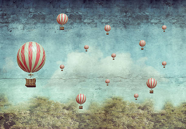 hot air ballons flying over a forest - 超現實主義 插圖 幅插畫檔、美工圖案、卡通及圖標