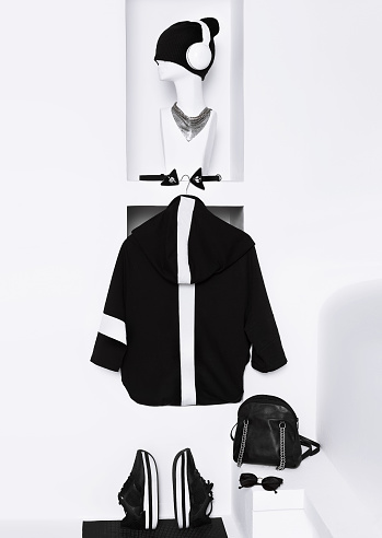 Trendy urban style. Black and white combination. fashion accessories.