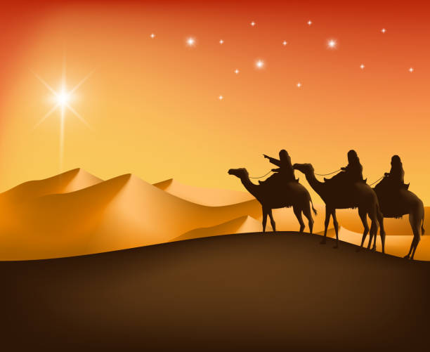 die drei könige auf kamelen durch die wüste mit führung - karawane stock-grafiken, -clipart, -cartoons und -symbole