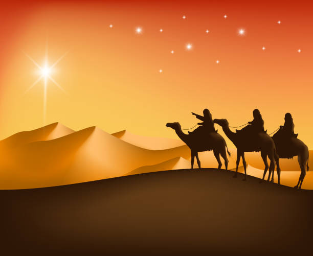 istock Three Kings riding camels through the desert toward a star 468806562