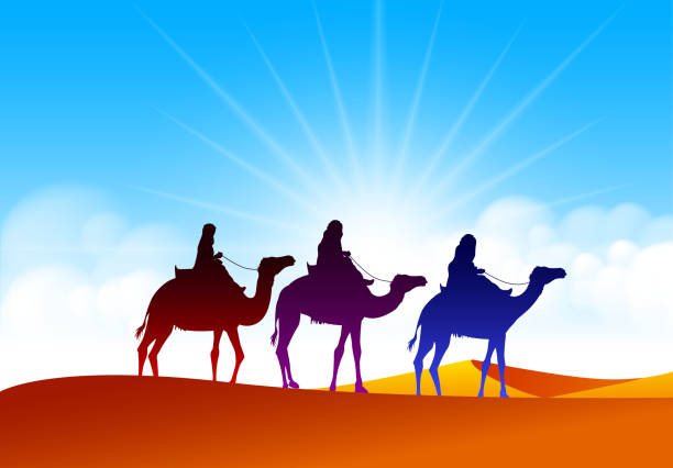 istock Colorful Group of Arab People with Camels Caravan Riding 468806568