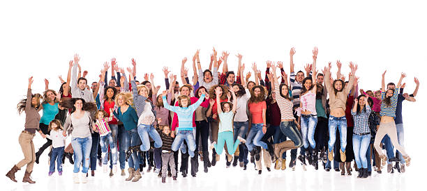 istock Crowd of cheerful people jumping with raised hands. 468808418