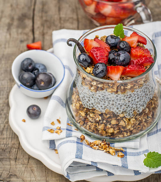 istock Chia seed pudding made with blueberries, strawberries vanilla and mint 468808470