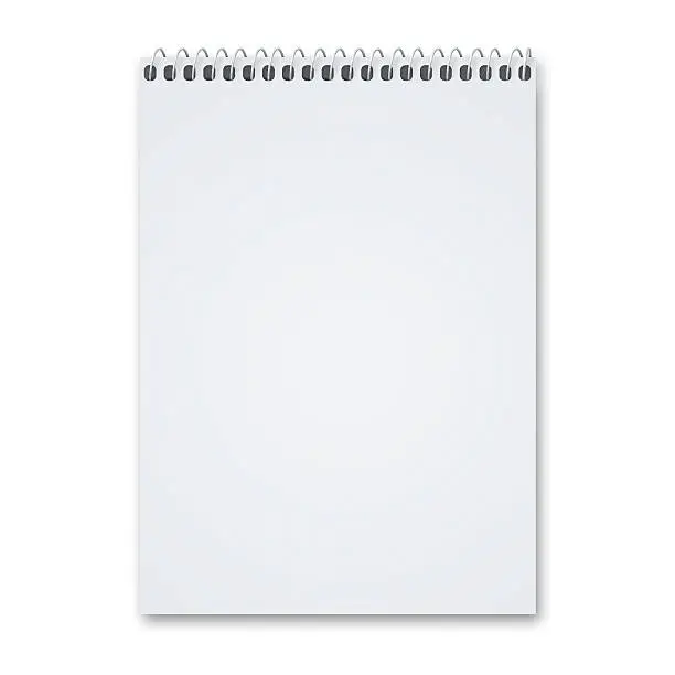 Blank notebook sketch pad with metal spiral with lots of copy space, isolated on a white background with shadow.