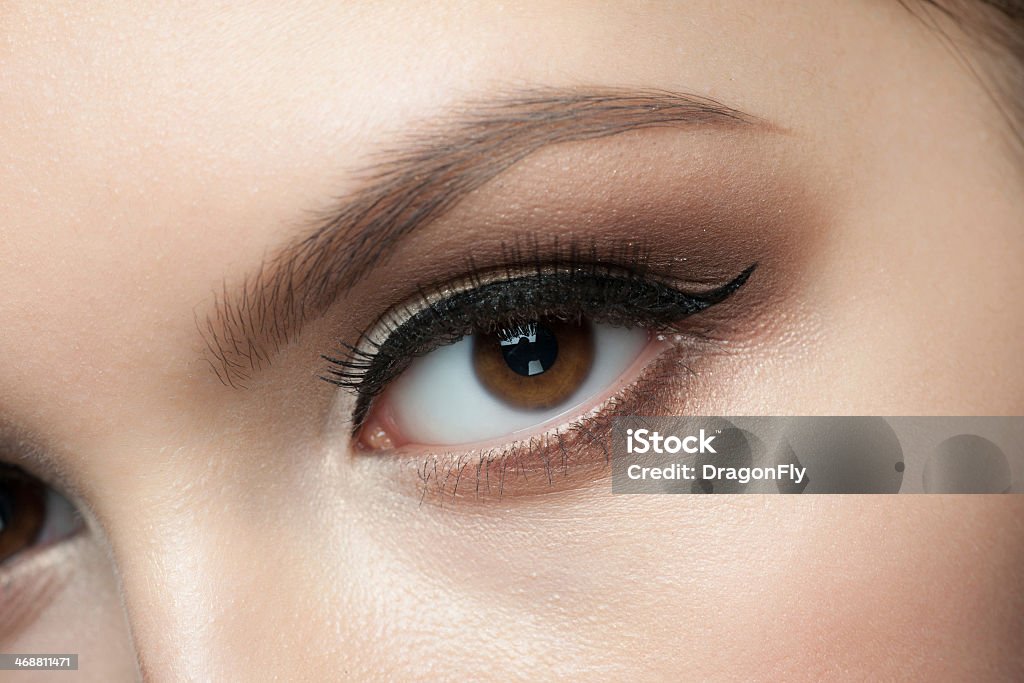 Close-up of a woman's face with elegant eye makeup Closeup of beautiful woman eye with makeup Brown Eyes Stock Photo