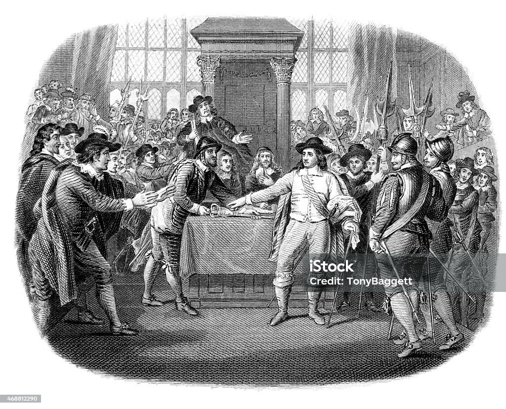 Oliver Cromwell dissolving the Long Parliament An engraved illustration image of  Oliver Cromwell dissolving the Long Parliament in England, UK, from a Victorian book dated 1868 that is no longer in copyright, England stock illustration