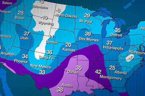 Fictitious cold weather map with temperatures.