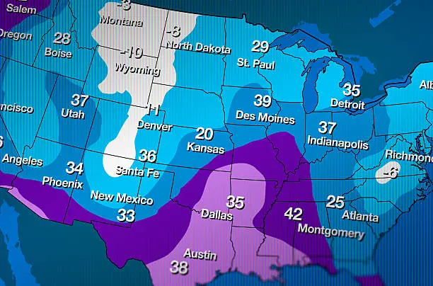 Fictitious cold weather map with temperatures.