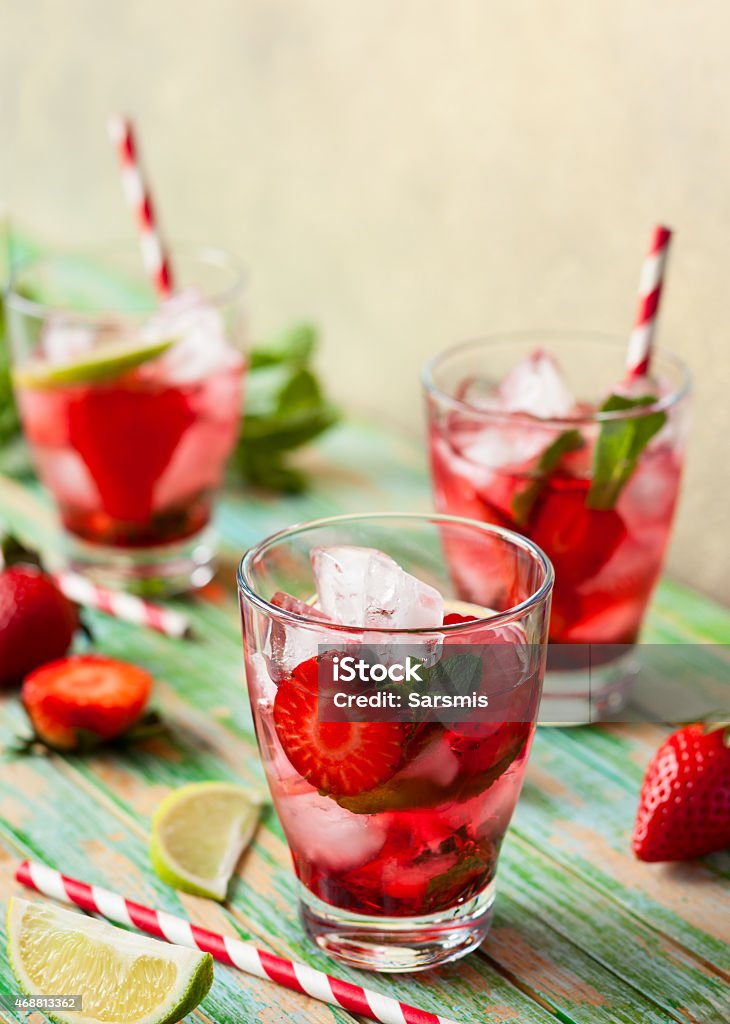 Strawberry  drink Refreshing summer drink with Strawberry  glasses on the vintage wooden table 2015 Stock Photo