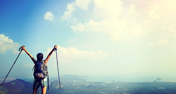 istock cheering hiking woman on mountain peak 468816622