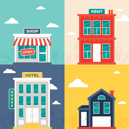 Urban and city building designs. Includes concept illustration vectors of a store or shop, an apartment building with a rent sign, a five star hotel and a small urban home. EPS 10 file. Transparency effects used on highlight elements.