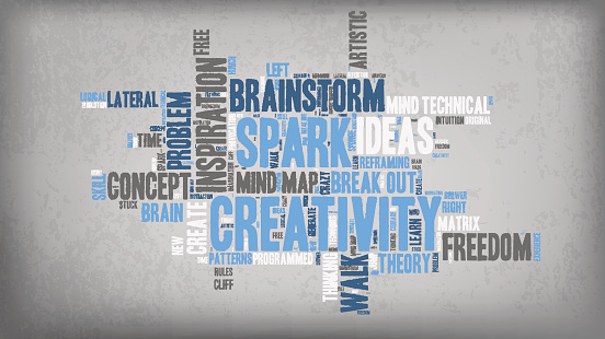 Word Cloud - Creativity and Inspiration. wordclouds about the creative process, grey, blue, white on Textured Background with Vignetting