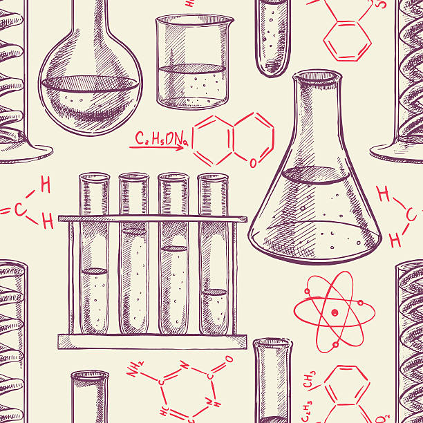 illustrazioni stock, clip art, cartoni animati e icone di tendenza di apparecchiatura chimica e formule - medical research backgrounds laboratory chemistry class