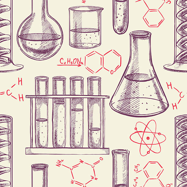 chemical equipment and formulas seamless background with chemical equipment and formulas. hand-drawn illustration laboratory drawings stock illustrations
