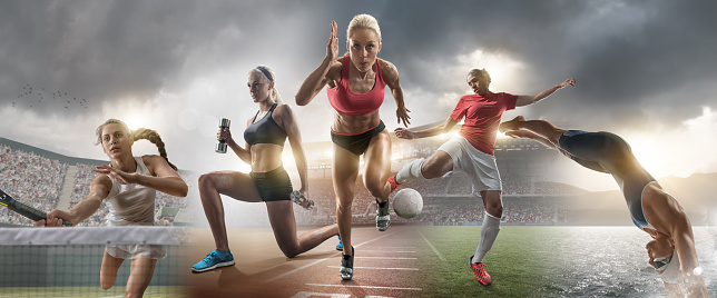 A composite image of women athletes in mid action in various sports – tennis player about to hit ball, girl in gym performing lunges, track athlete sprinting, soccer player about to kick football and swimmer diving into sea. The athletes are set against the appropriate stadium / arena for each sport. 