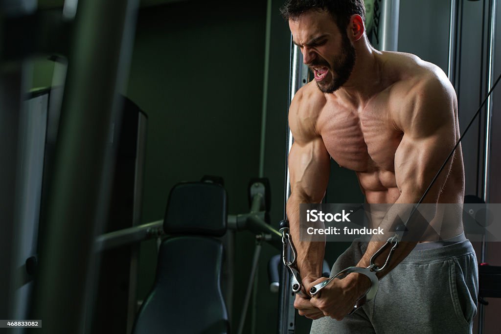 Body Building In Progress Handsome men working out on the cable machine in the gym Dumbbell Stock Photo