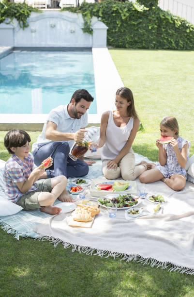 família desfrutar de piquenique no quintal - picnic summer break relaxation imagens e fotografias de stock