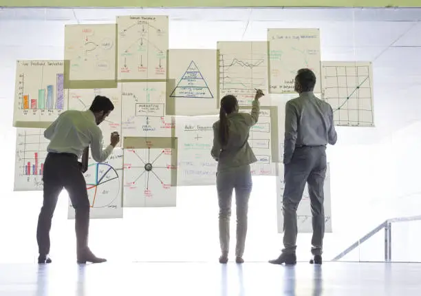 Photo of Business people working with charts and graphs on glass wall