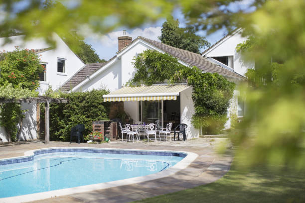 istock Swimming pool in backyard of house 468840357