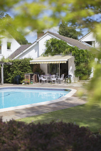 istock Swimming pool in backyard of house 468840359