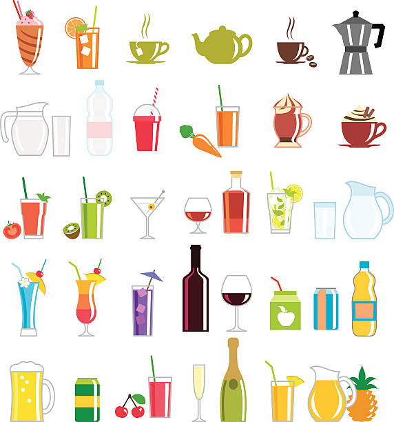 Collection of colorfully illustrated drink related icons A collection of drink icons. ice clipart stock illustrations