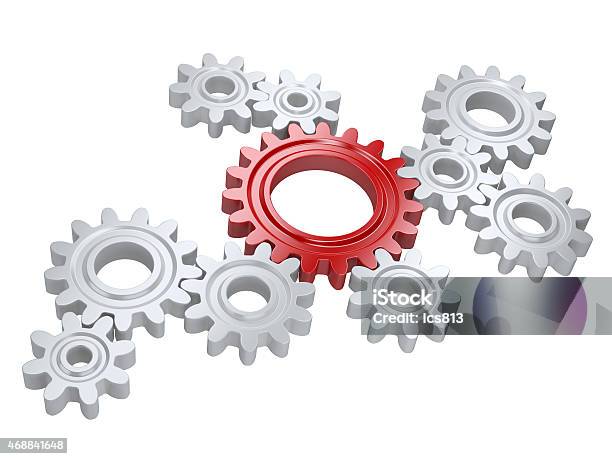 White Gears And One Red Teamwork And Leadership Concept Stock Photo - Download Image Now