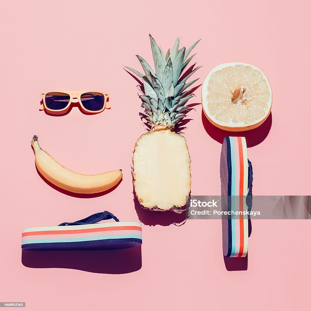 Summer beach set. Fashion accessories and fruits. Vanilla style. 2015 Stock Photo