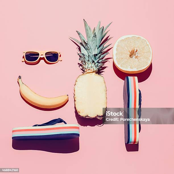 Summer Beach Set Fashion Accessories And Fruits Vanilla Style Stock Photo - Download Image Now