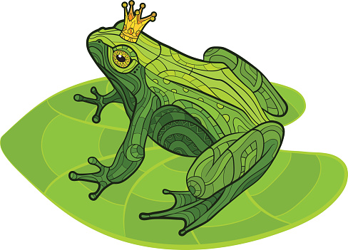 Decorative isolated frog with crown on the leaf. Vector illustration