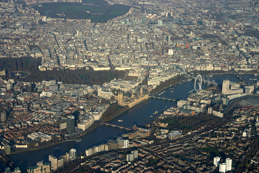 Aerial view of the city of London from the air, coming into land from Heathrow airport.