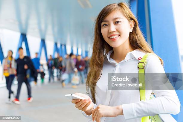 Asian Beautiful Woman Using Smart Phone Portrait On Footbridge Stock Photo - Download Image Now