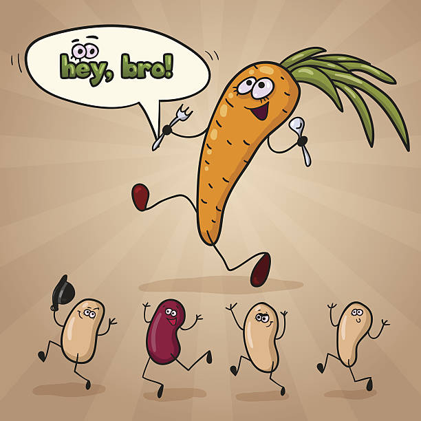 Cartoon Characters Funny Carrot with Crazy Beans Cartoon Characters Funny Carrot with Crazy Beans sour face stock illustrations