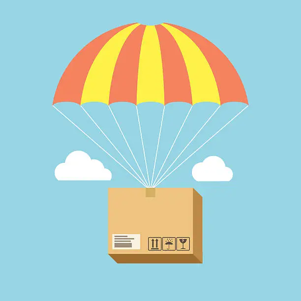Vector illustration of Package flying on parachute, delivery service concept. Flat desi