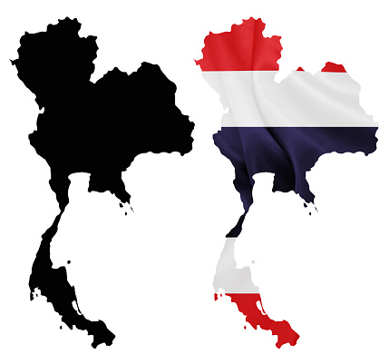 Thailand - Waving national flag on map contour with silk texture