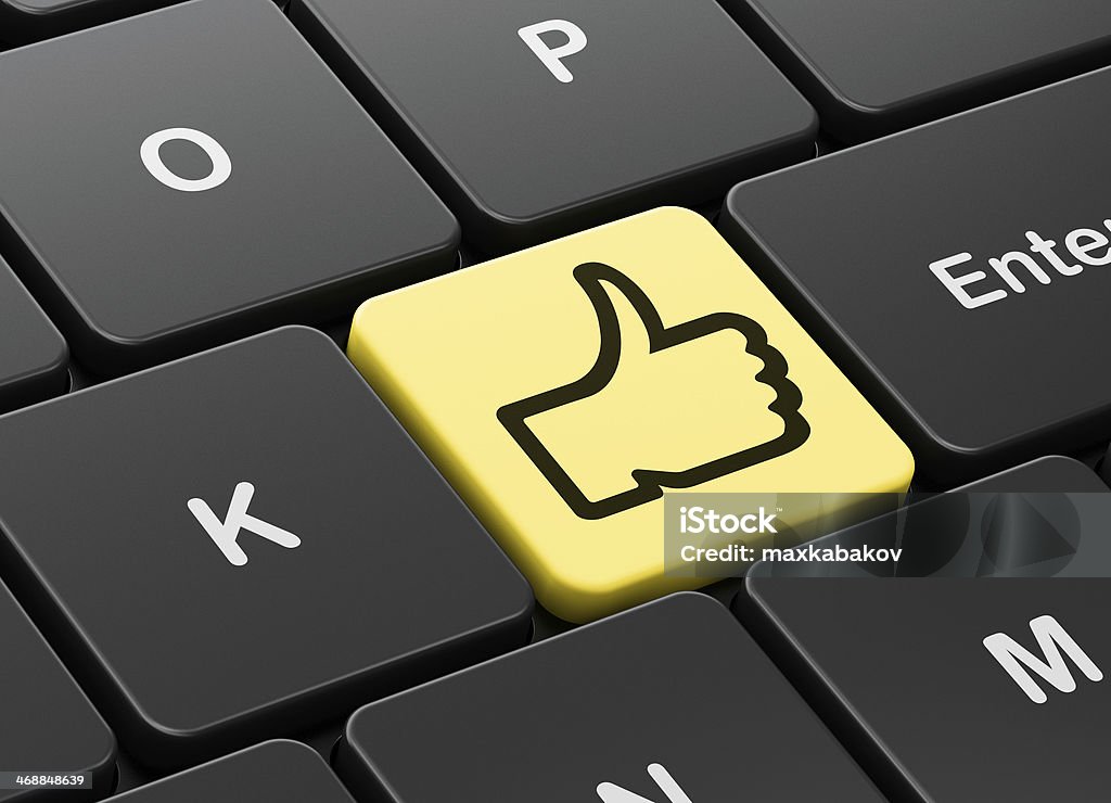 Social network concept: Thumb Up on computer keyboard background Social network concept: computer keyboard with Thumb Up icon on enter button background, 3d render Advice Stock Photo