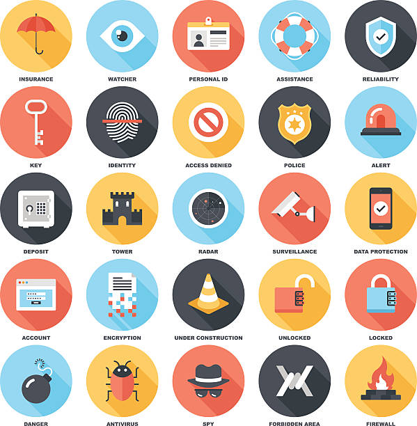 Security and Protection Abstract vector set of colorful flat security and protection icons with long shadow. Concepts and design elements for mobile and web applications. military illustrations stock illustrations