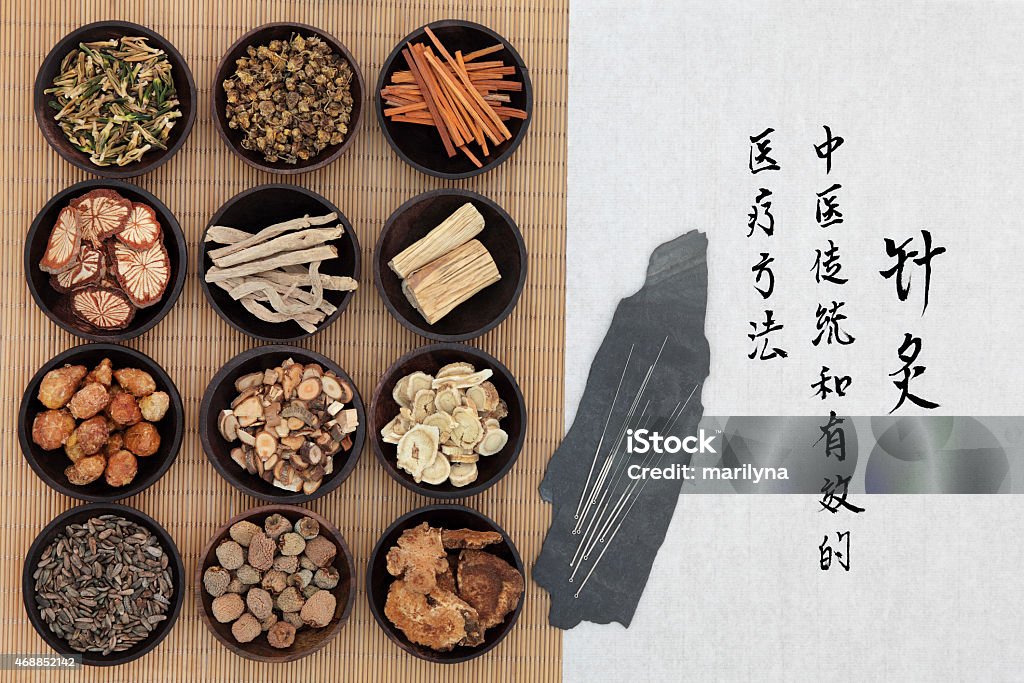 Traditional Chinese Medicine Chinese herbal medicine with acupuncture needles and calligraphy script. Translation describes acupuncture chinese medicine as a traditional and effective medical solution. Chinese Herbal Medicine Stock Photo