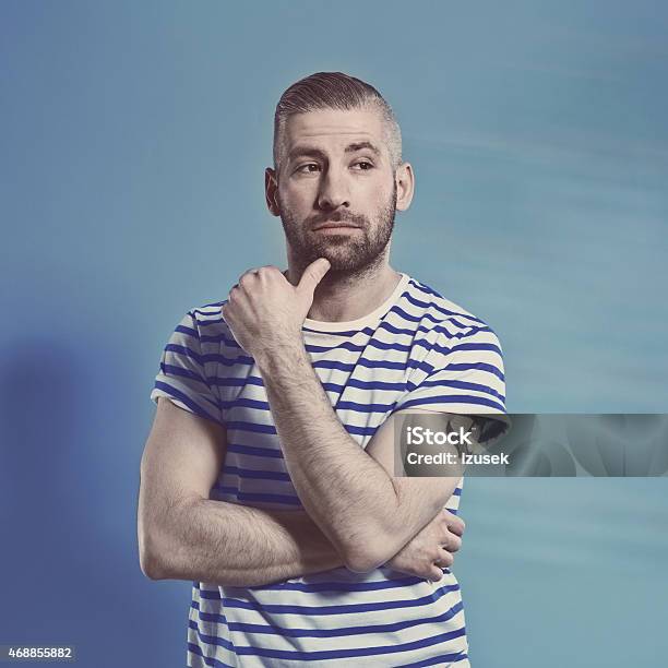 Bearded Sailor Man In Stripped Outfit Stock Photo - Download Image Now - Sailor, Portrait, Sailor Suit