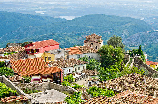 Panorama shot of houses and mountains in Kruje, Albania stock photo