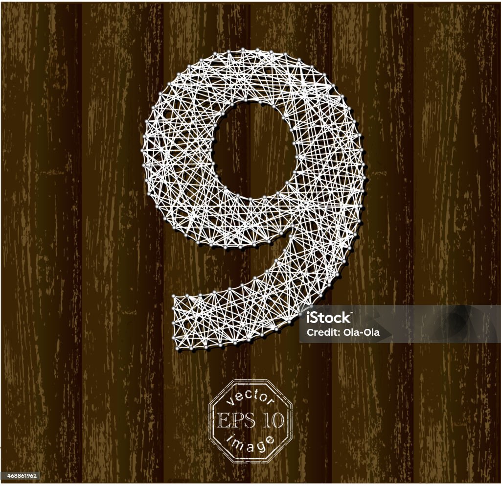 Number Nine. Number Nine, made with threads on pins. Part of collection letters and numbers. 2015 stock vector