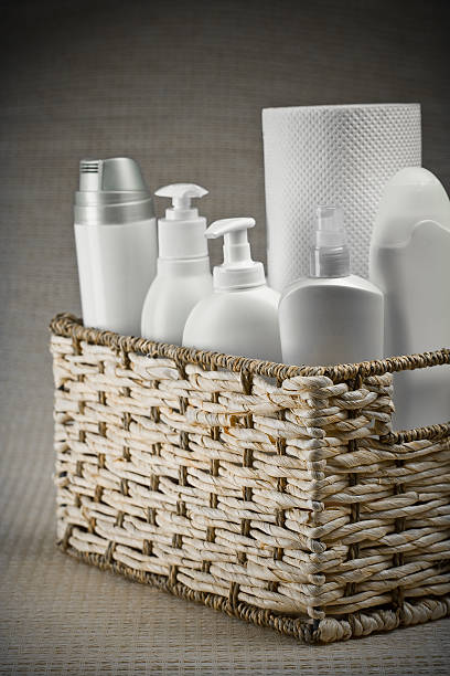 istock bottles and paper towel in basket 468863304