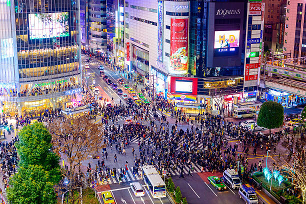 Shibuya Crossing at Night Tokyo, Japan - December 23, 2012: Traffic stops for pedestrians crossing at Shibuya Crossing. It is one of the world's most famous scramble crosswalks. tokyo crowds on the famous shibuya crossing japan stock pictures, royalty-free photos & images